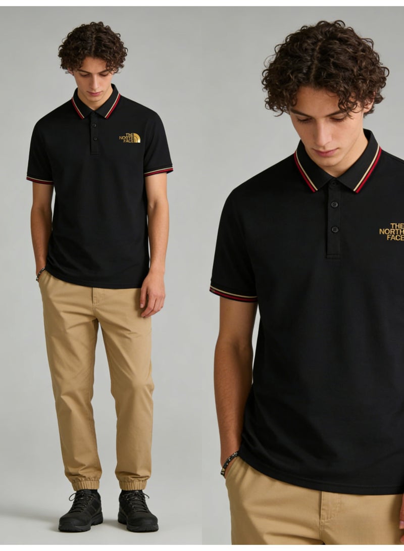 THE NORTH FACE 2026 The North Face Gold Logo Black Polo Shirt, Premium Pique Cotton Short Sleeve with Striped Collar & Cuffs, Outdoor-Inspired Casual Smart Wear for Men - Image 1